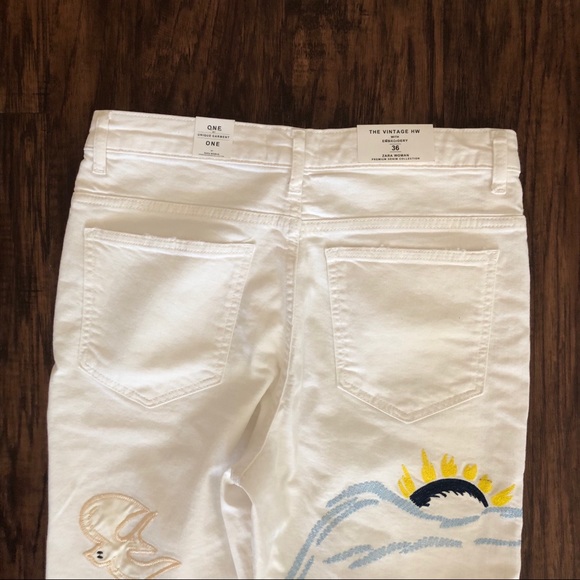 NWT! Zara Vintage High Waist Embroidered Beaded Straight Leg White Jeans Size 4 - Picture 8 of 13